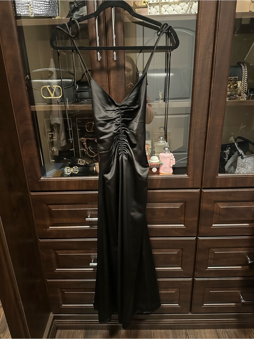Jason Wu Black Satin Ruched V-Neck Maxi Dress